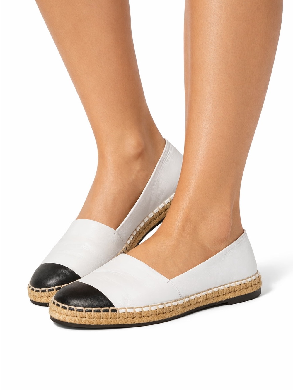 Tory Burch Women's White Leather Espadrille Flats with Black Cap Toe